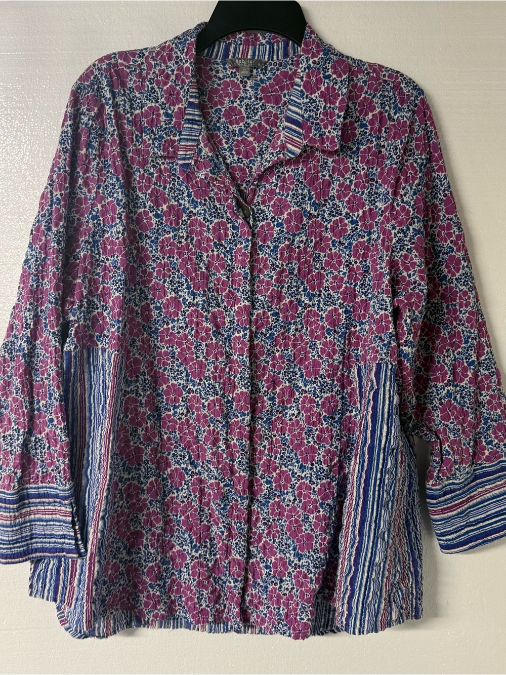 Habitat Shirt Women XL Purple Floral Stripe Button Front Crinkle Texture Tunic
